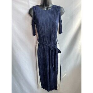 Topshop Pleated Navy Blue Cold Shoulder Midi Dress 4/S Cocktail Party Belted